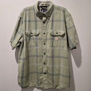 Carhartt Shirt Men XL Green Plaid Loose Fit Short Sleeve Button Up‎